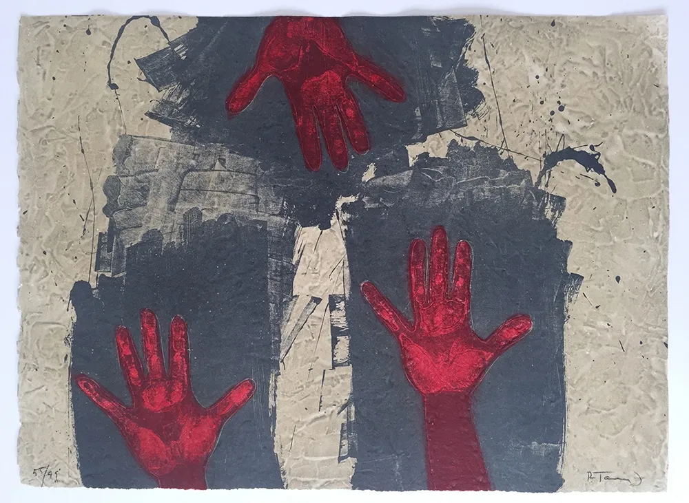 Etching Tamayo - Manos Sobre Fondo Azul