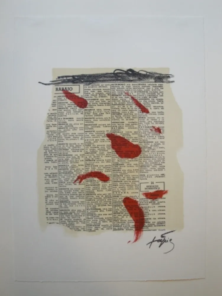 Lithograph Tàpies - Rouge sur papier journal