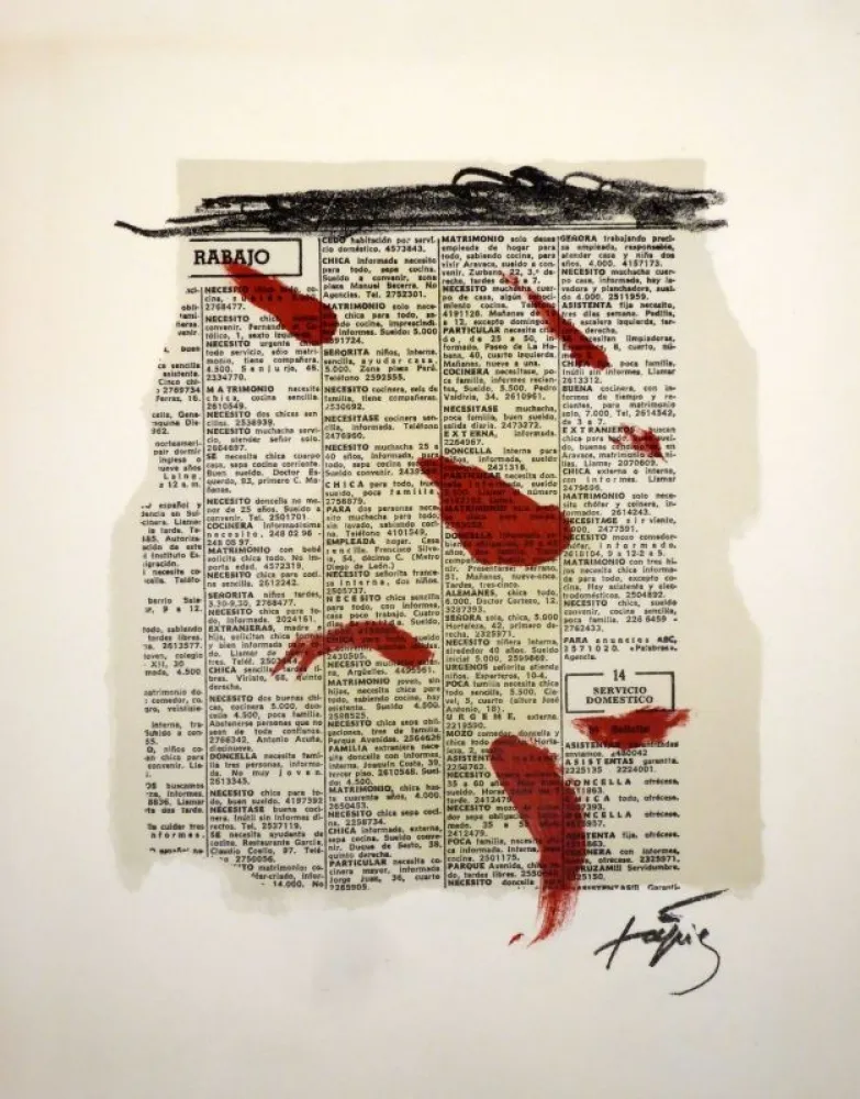 Lithograph Tàpies - Rouge sur papier journal