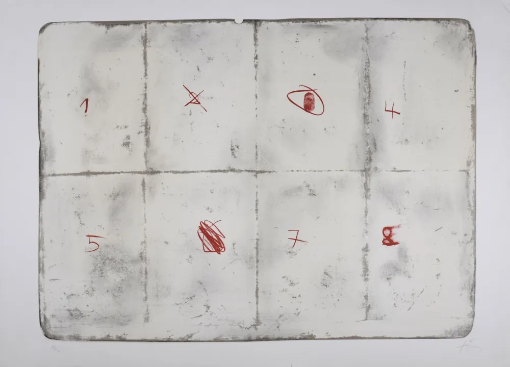 Lithograph Tàpies - Toile pliée et chiffres, 1974 - Hand-signed
