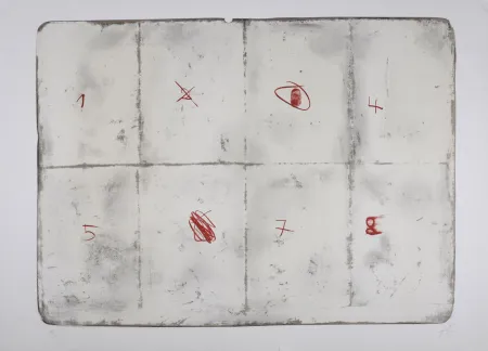 Lithograph Tàpies - Toile pliée et chiffres, 1974 - Hand-signed