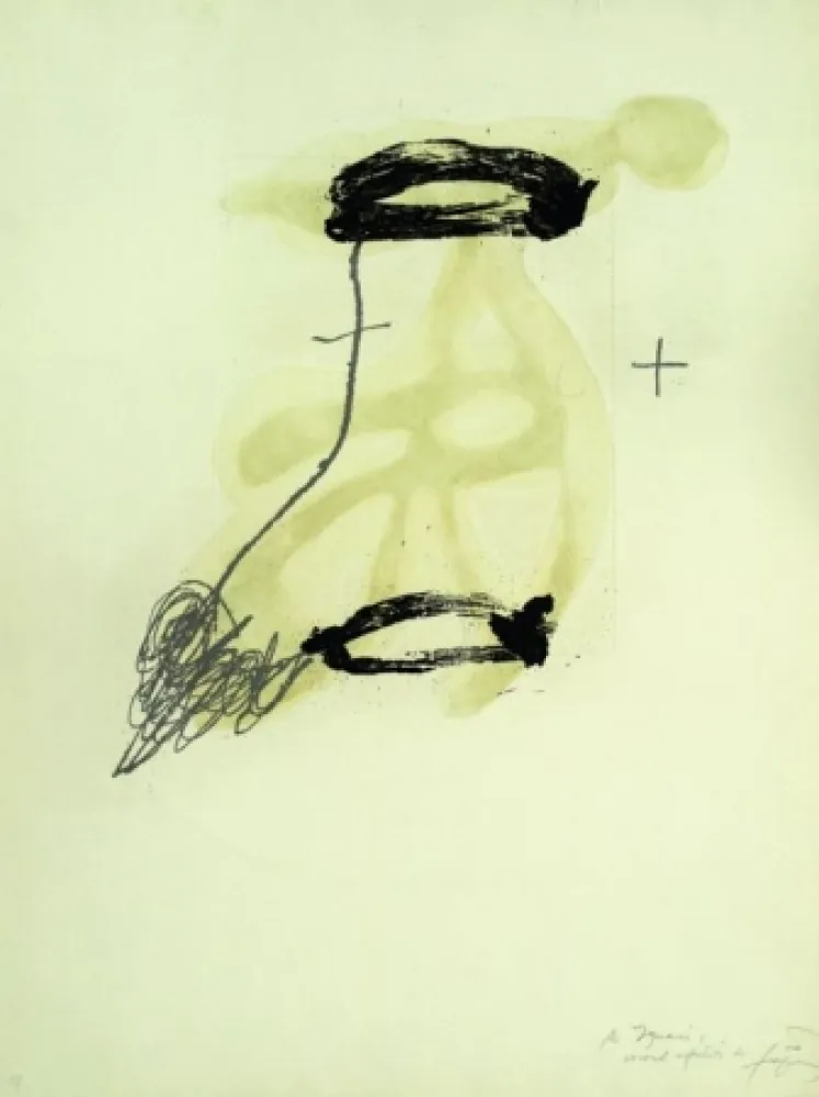 Engraving Tàpies - UN FRAGMENT DE STATUE DANS L’HERBE D’UN ENCLOS ENCORE DÉSERT