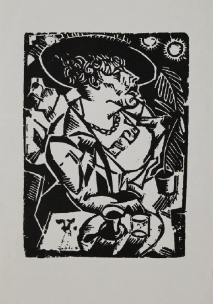 Linocut Tappert - Sitzende mit Hut im Café