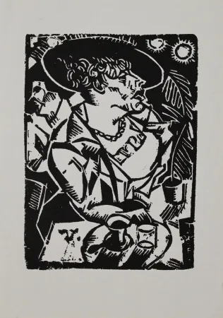 Linocut Tappert - Sitzende mit Hut im Café