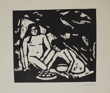 Woodcut Tappert - Zwei sitzende Mädchenakte