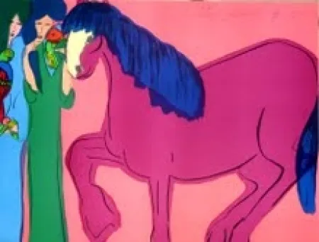 Lithograph Ting - Cheval et geishas