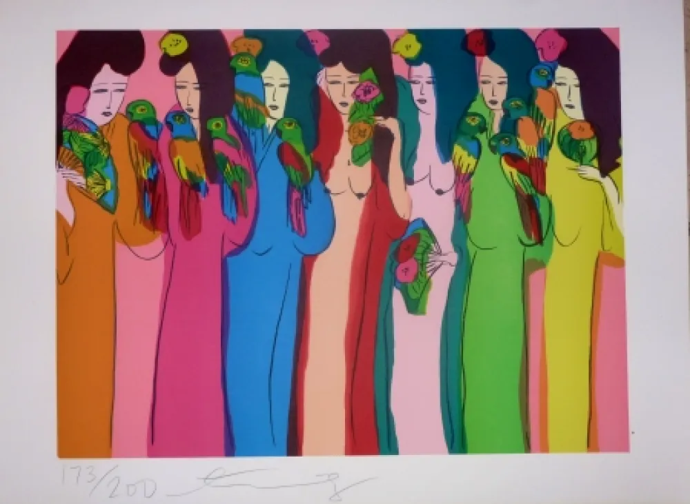 Lithograph Ting - Geishas et perroquets