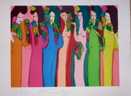 Lithograph Ting - Geishas et perroquets