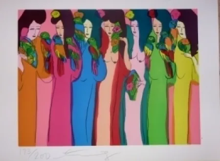 Lithograph Ting - Geishas et perroquets