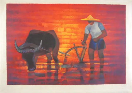 Lithograph Toffoli - Labourage (Paysan tonquinois)