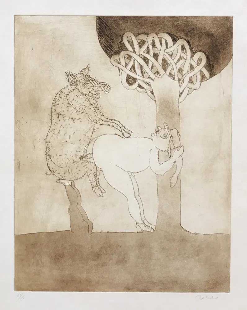 Etching Toledo - Pig and Man by Tree