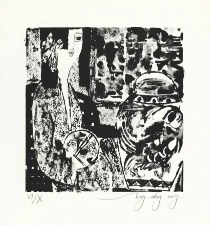 Lithograph Tongzhengang - Femme à l'éventail