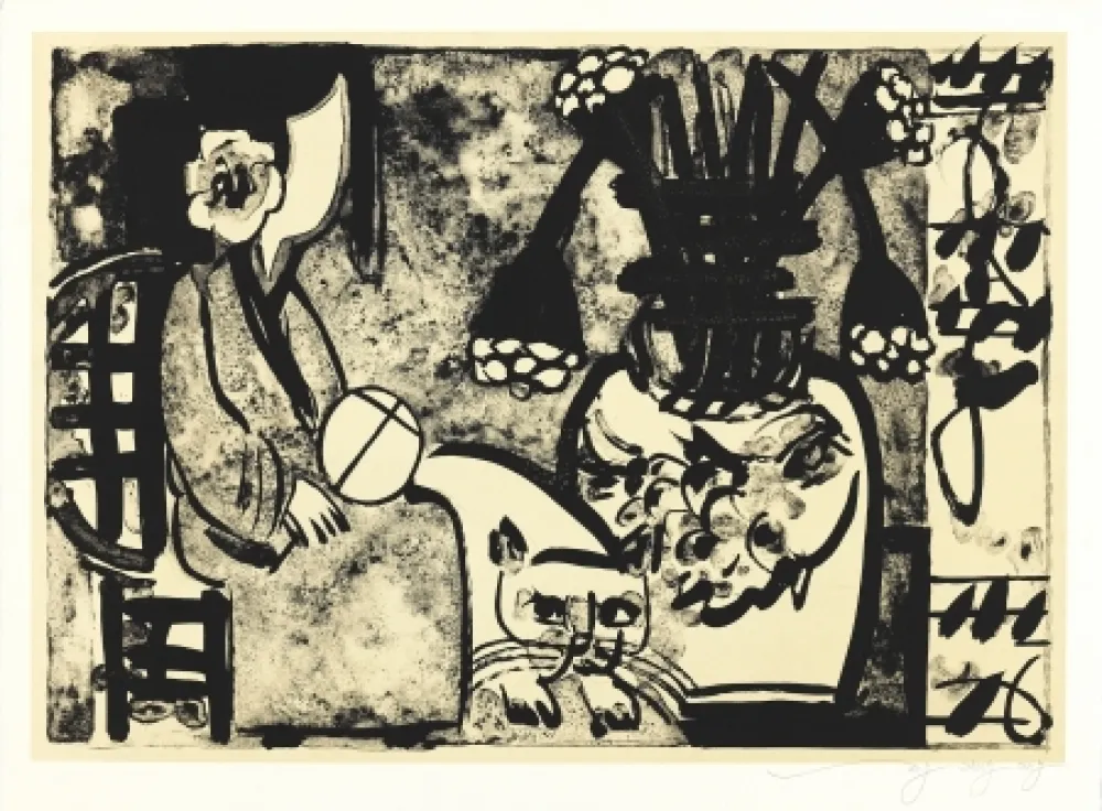Lithograph Tongzhengang - Femme au chat et  a l'éventail