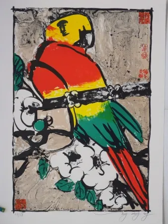 Lithograph Tongzhengang - Perroquet fond beige