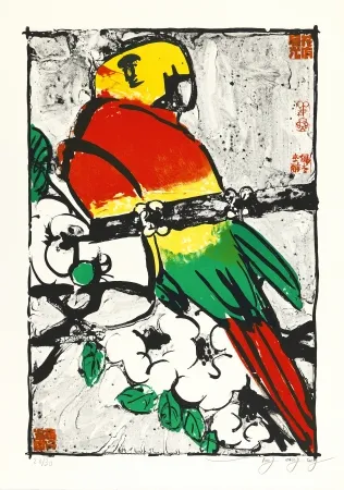 Lithograph Tongzhengang - Perroquet fond blanc