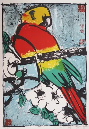 Lithograph Tongzhengang - Perroquet fond bleu 