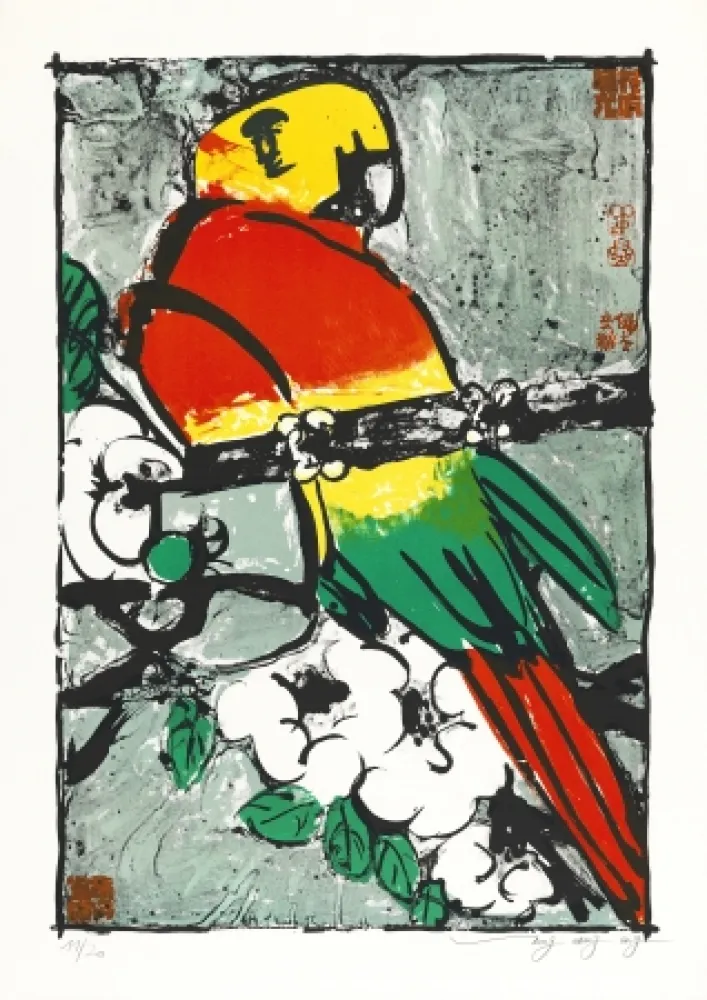 Lithograph Tongzhengang - Perroquet  fond gris bleu