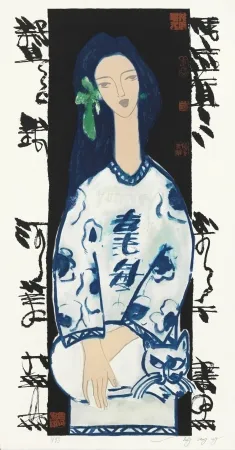 Lithograph Tongzhengang - Woman and cat
