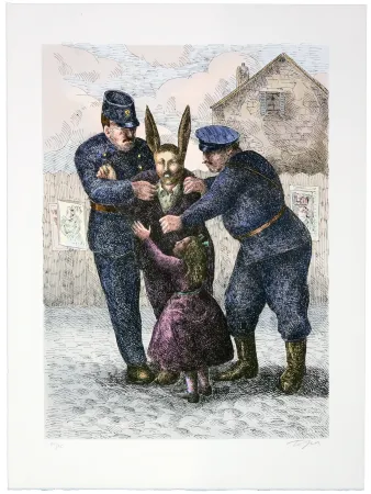 Lithograph Topor - Le lapin de Montmartre (Lucien Undreiner) est arrêté. On le soupçonne d'un cambriolage (Asnières) et d'un meutre (Courbevoie)