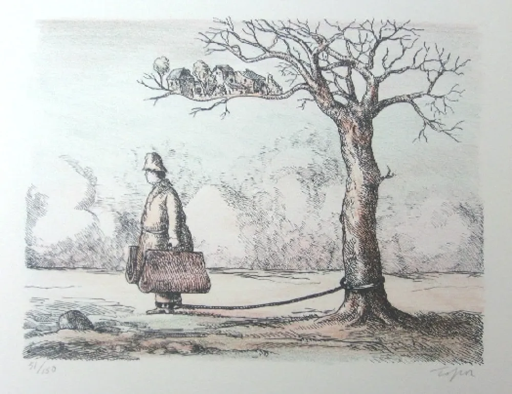Lithograph Topor - L'homme aux valises