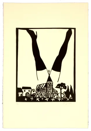 Linocut Topor - Paysage polonais
