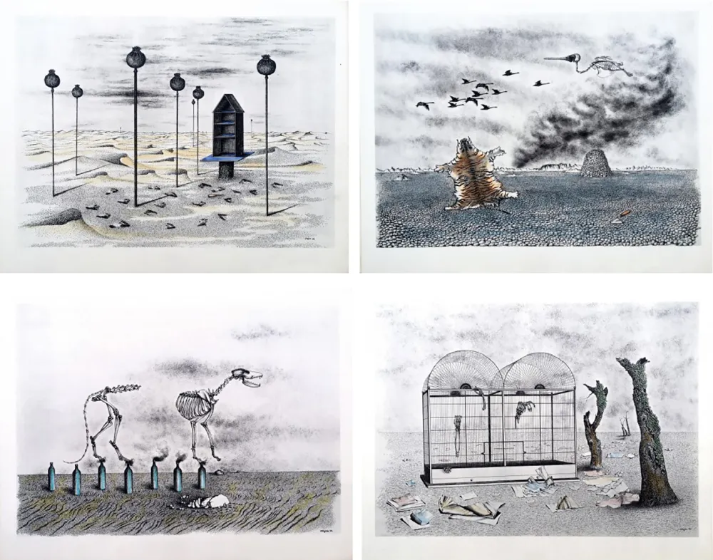 Illustrated Book Toyen - Jindrich Heisler : CACHE-TOI GUERRE ! Cycle de Neuf Dessins. 1944. Ex. aquarellé.