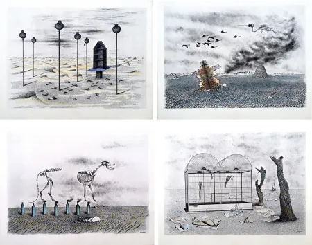 Illustrated Book Toyen - Jindrich Heisler : CACHE-TOI GUERRE ! Cycle de Neuf Dessins. 1944. Ex. aquarellé.