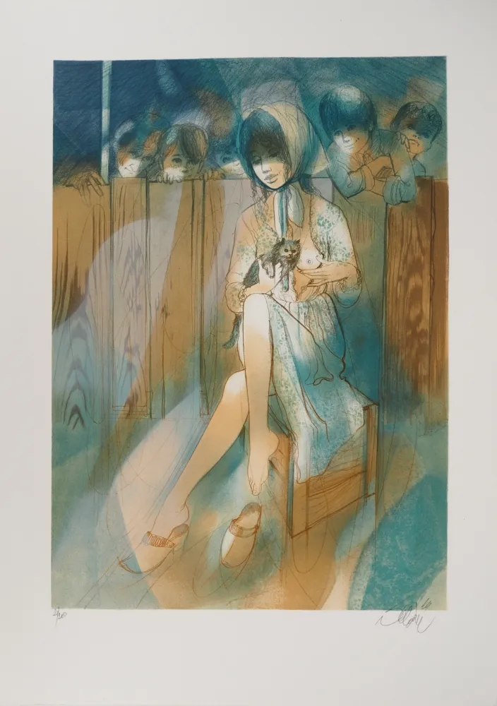 Lithograph Valadie - Brassens, Brave Margot et son chat