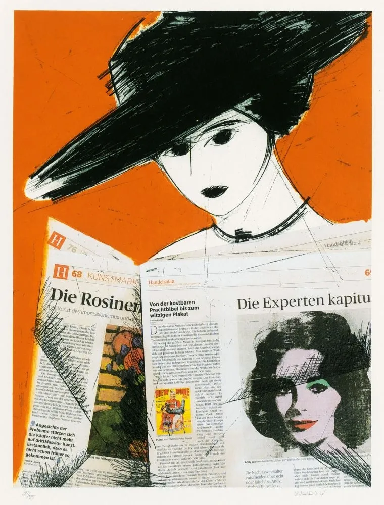 Engraving Valdés - Mujer con periodico- Warhol