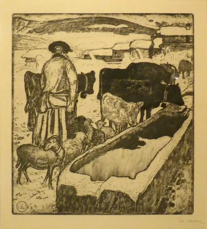 Etching And Aquatint Vallet - Le troupeau à l'abreuvoir / Die Herde an der Tränke