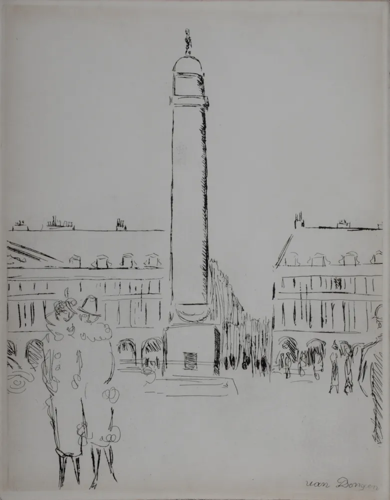 Etching Van Dongen - Paris 1937 : Place Vendôme, 1937