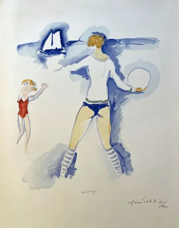 Lithograph Van Dongen - Woman and Child Playing on the Beach