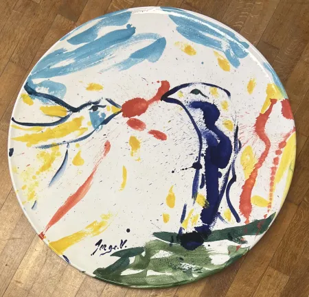 Ceramic Vandercam - Grand plat en terre cuite vernissée Les oiseaux 84 cm San Giorgio Albisola