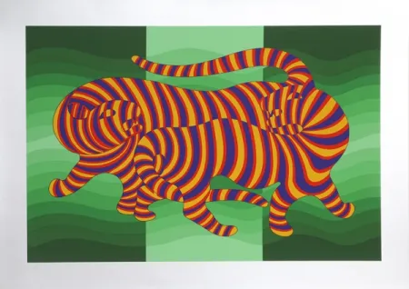 Screenprint Vasarely - Two Tigers on Green