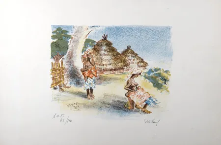 Lithograph Villeboeuf  - Deux femmes africaines au village, c.1970, Hand-signed!