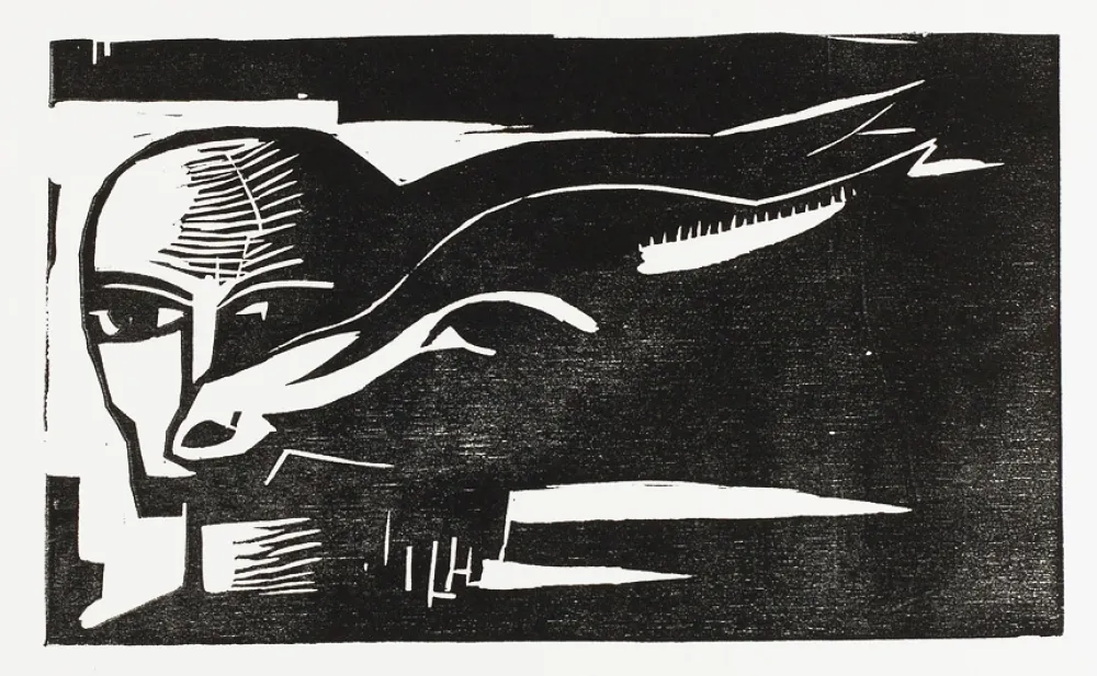 Woodcut Völker - Frau mit Ziege (Woman with Goat)