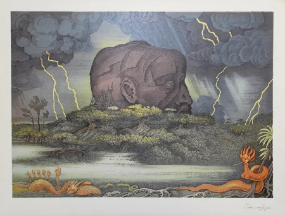 Lithograph Von Gugel - Der Fels von Sigiriya bei Nacht / The Rock of Sigiriya at Night