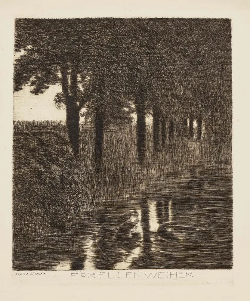 Engraving Von Stuck - Forellenweiher