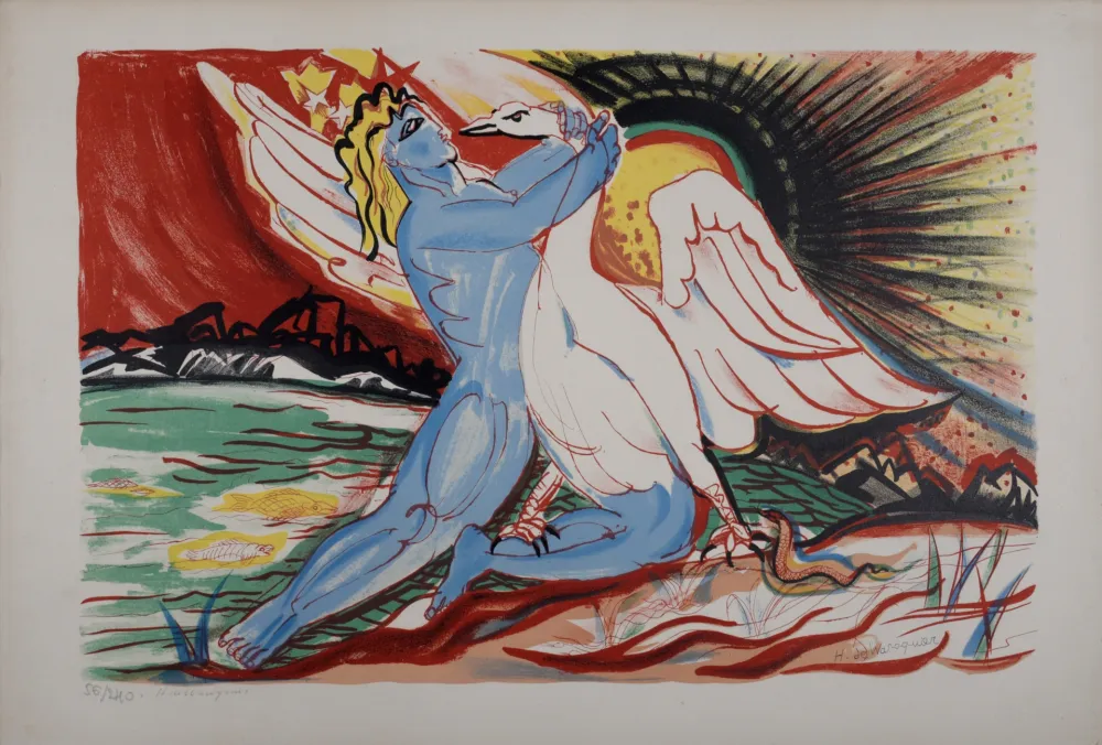 Lithograph Waroquier - Léda et le Cygne, circa 1950