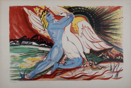 Lithograph Waroquier - Léda et le Cygne, circa 1950