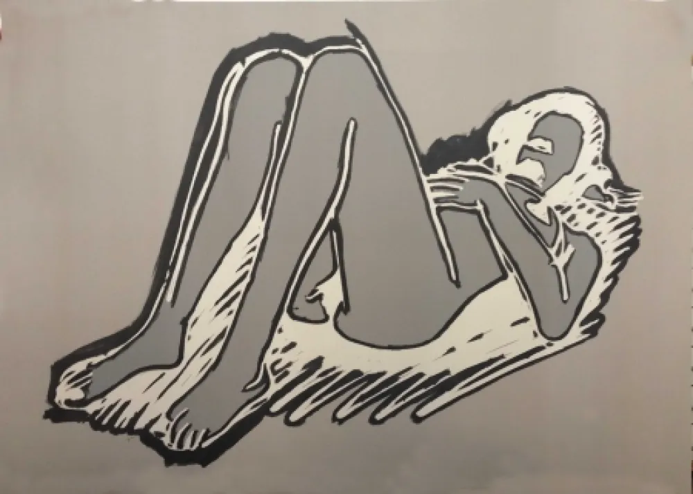 Linocut Wesselmann - MONICA RECLINING ON BACK, KNEES UP