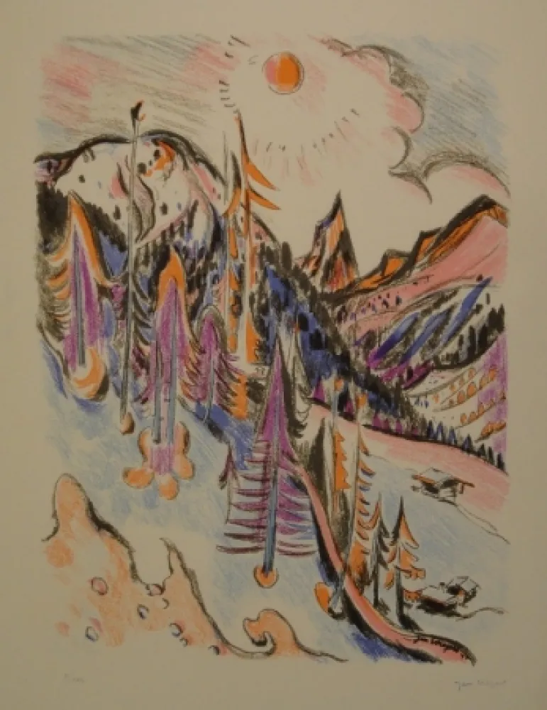 Lithograph Wiegers  - Berglandschaft bei Davos mit Tinzenhorn