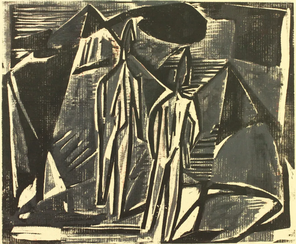 Woodcut Wildemann - Zwei Menschen in Landschaft (Two people in landscape)