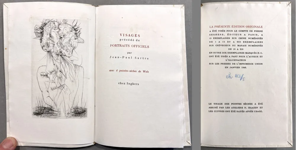 Illustrated Book Wols - Sartre. VISAGES. 4 pointes-sèches de Wols. 1 des 15 ex. sur Chine (1948)