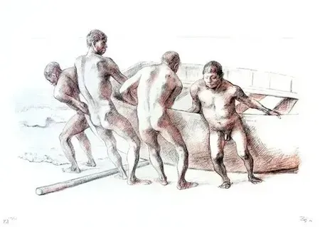 Lithograph Zuniga - Hommes à la barque II, (1984)