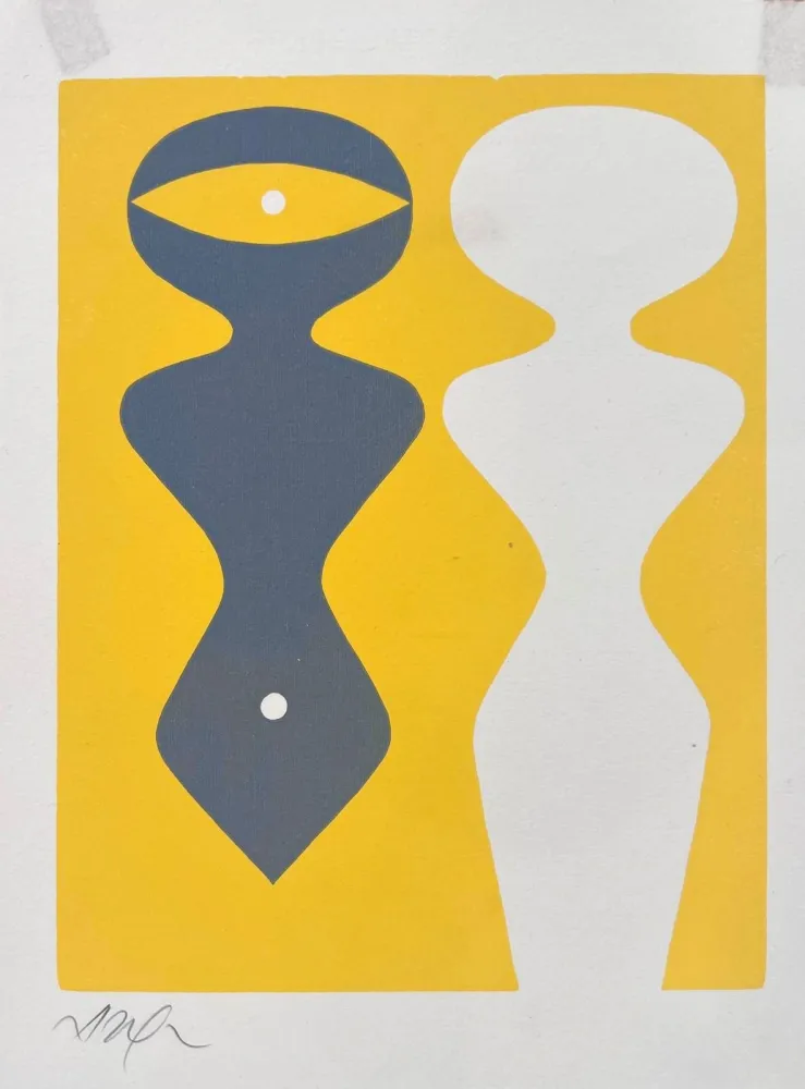 Woodcut Arp - Deux figures sur fond jaune 