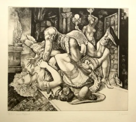 Engraving Courmes - Dame journaliste bousculée par un personnage comique