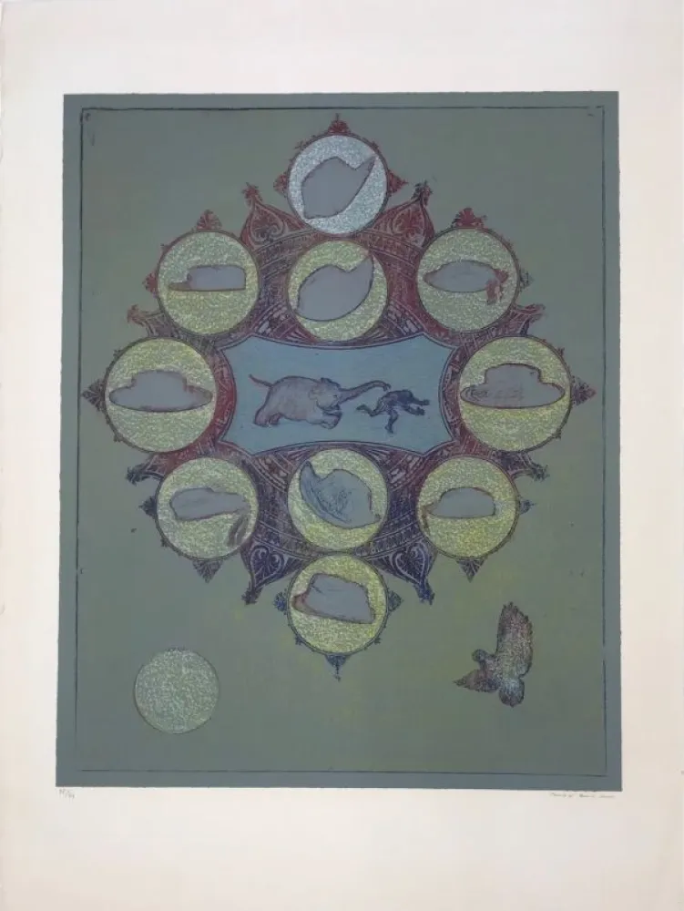 Lithograph Ernst - Singe poursuivi par un éléphant pour un vol de chapeau 