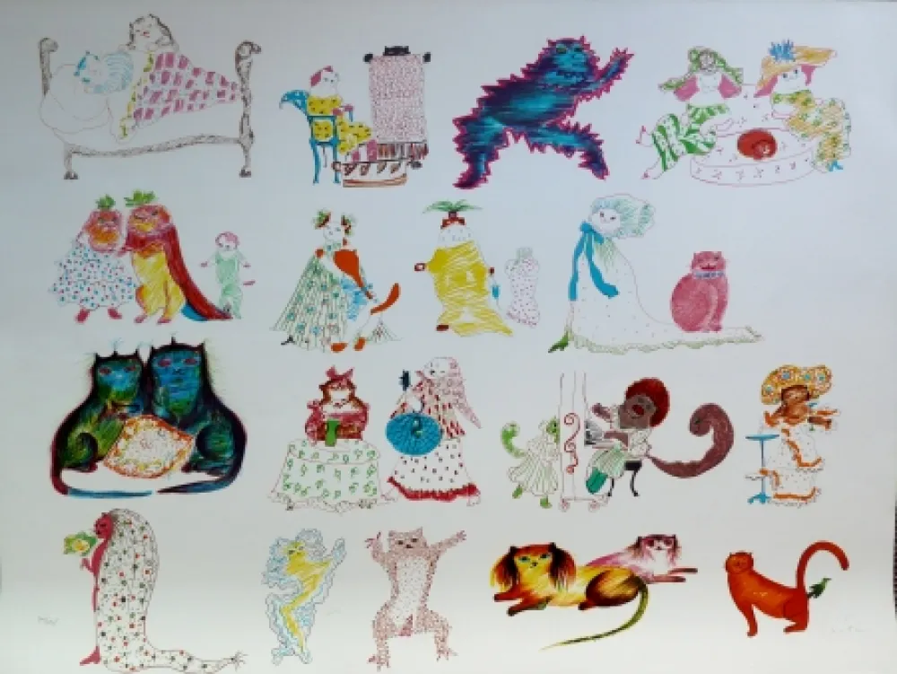 Lithograph Fini - 24 Chats et un Oiseau
