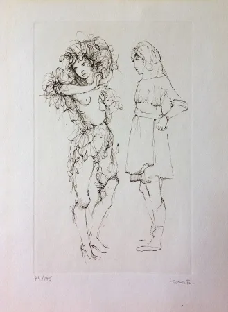 Engraving Fini - Deux personnages. Eau-forte. Signé.